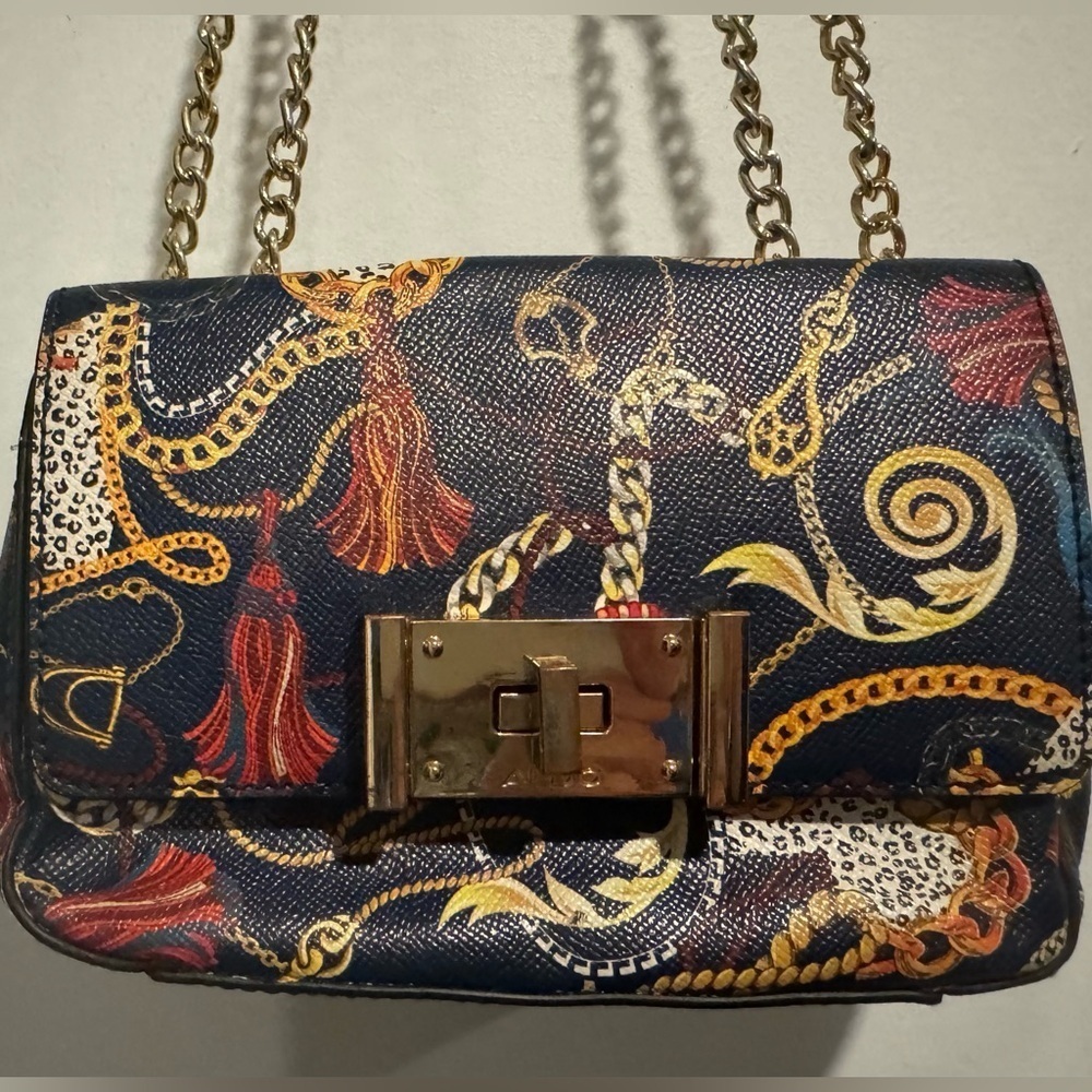 Aldo shoulder bag clutch faux leather chain print black gold orange convertible